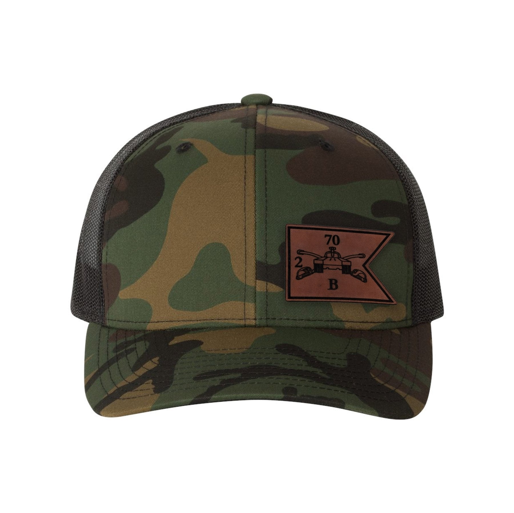 2-70 B Cav Tank Guidon Leather Patch Retro Trucker Hat - OSFA - Private Private Headwear