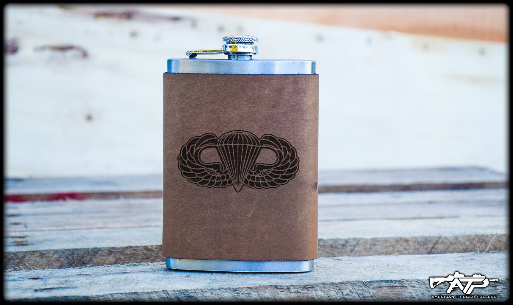 Airborne Wings Leather Flask - 8oz Stainless Steel Flask - Flasks