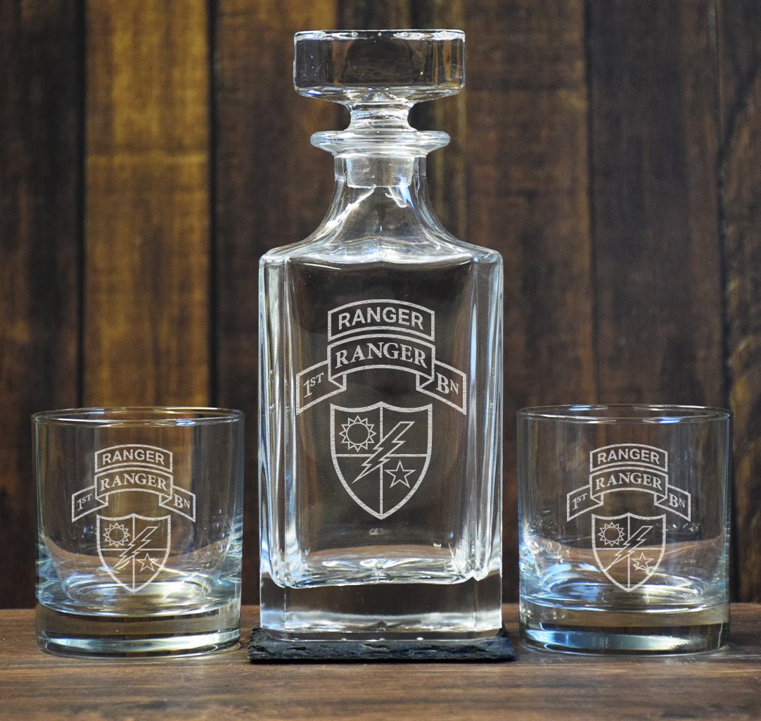 Custom Low Ball Decanter Set - One Side Decanter Engraving - No Discount